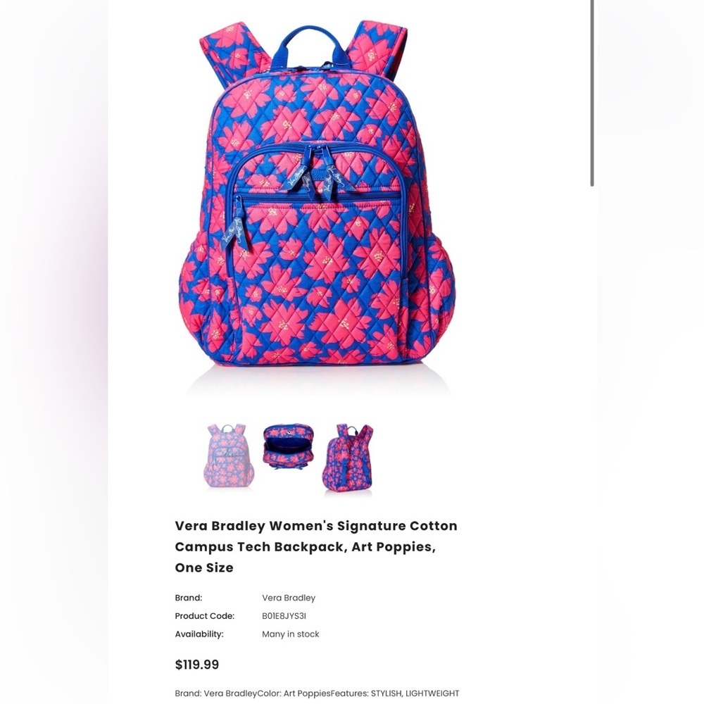 Vera Bradley Women's Signature Cotton Campus Tech Backpack, Art Poppies - Picture 2 of 16